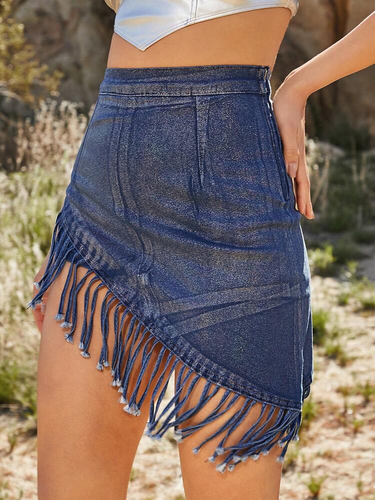 Fringe Hem Holographic Denim Skirt