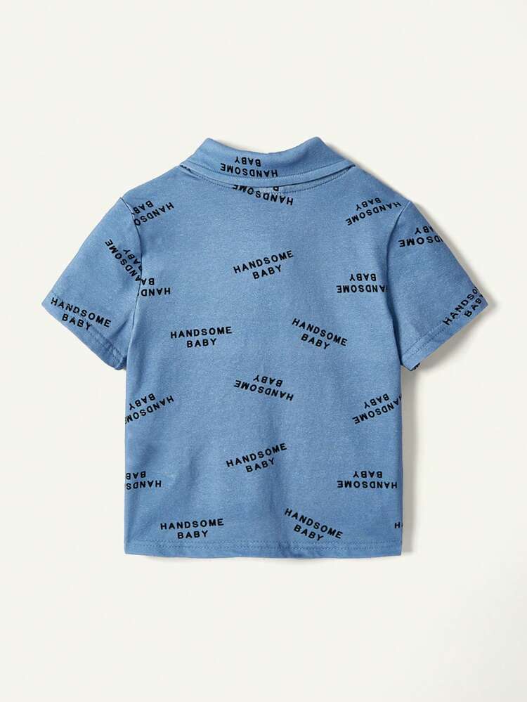 Baby Boy's Cartoon Pattern Decorated Embroidered Collar Half-Open Short Sleeve Pullover Top