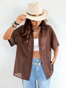 SHEIN EZwear 復古休閒棕色薄紗衫女款音樂節裝 - 棕色 - 查看 5