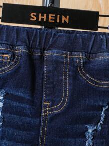 SHEIN 嬰兒男寶寶春夏時尚純色洗水口袋破洞牛仔褲,嬰兒男寶寶夏季服裝套裝