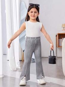 SHEIN Quần ống loe co giãn dệt kim denim cho bé gái - Xám - Xem 4