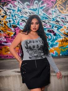 SHEIN SXY Plus Size Women's Distressed Eagle Printed Asymmetrical Long Sleeve Concert Outfits Music Festival Spring/Summer Vacation Cropped T-Shirt - Grey - View 10