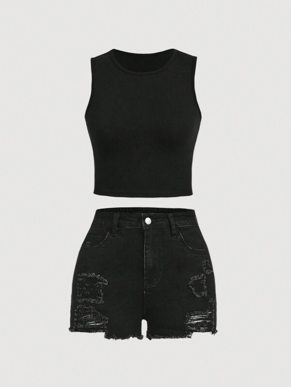 SHEIN Girlism Teen Girl Y2K Spring Summer Solid Tank Top & Black Ripped Slant Pocket Raw Hem Denim Jeans Shorts Set,Girls Summer Clothes Concert Outfits
