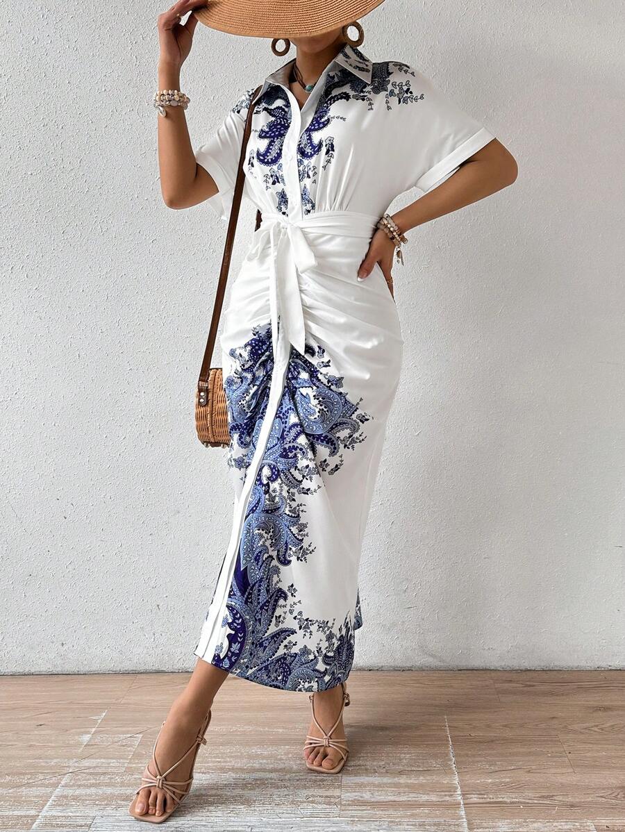 SHEIN Unity Vestido Plisado Con Botones Y Manga Corta Con Estampado De Guisantes - Azul y blanco - View 1