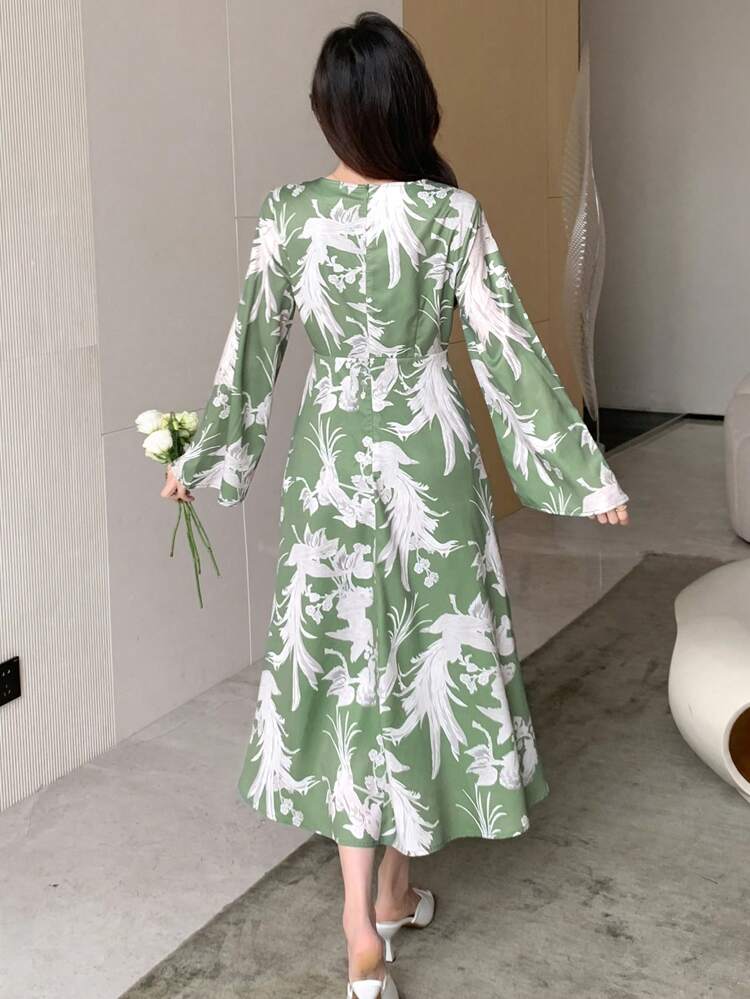 Women's V-Neck Design Printed Long Sleeve Dress,Fall Dress Vacation Outfits Women Floral Boho