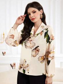 Modelyn Women'S Floral Print Kimono Collar Button Front Lantern Sleeve Shirt,Long Sleeve Tops - Multicolor - View 4