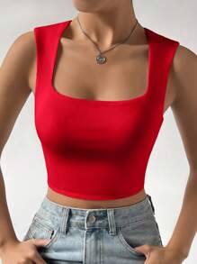 SHEIN EZwear Balletcore Solid Crop White Tank Top - Red - View 4