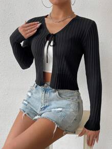 Chiquease Solid Color Ribbed Knit Lace-Up Crop Cardigan Fall Winter Cloth For Women - Black - View 4