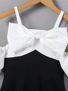 SHEIN Young Girl Cold Shoulder Puff Sleeve Dress With Bow, Black & White Party & Travel & Performance Hostess Dress,Holiday,Summer,Travel