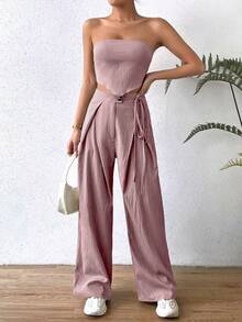 Chiquease Quý cô Chất rắn Có màu sắc Textured Viền bất đối xứng Áo Bandeau  Và Quần ống rộng - Bụi hồng - Xem 7