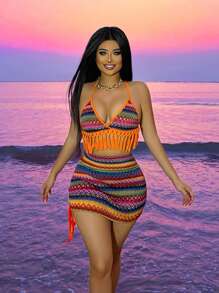 SHEIN VaVaLuxe 女士幾何印花拼接流蘇邊領口領帶背心 - 彩色 - 查看 1