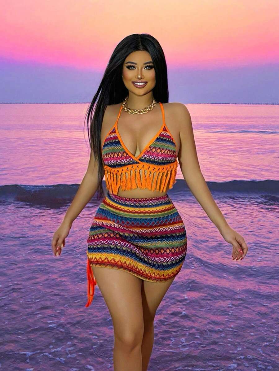 SHEIN VaVaLuxe 女士幾何印花拼接流蘇邊領口領帶背心 - 彩色 - 查看 1