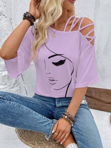 Portrait Pattern Printed Asymmetrical Neck Casual T-Shirt Graphic Tees Women Tops - Mauve Purple - View 4