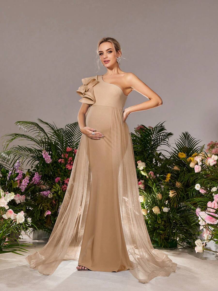Faeriesty Dressalisa Maternity Elegance One-Shoulder Ruffle Sleeve Gown&Babyshower Dresses With Cascading Side Slit Organza Train & Sculpted Fish-Tail Hem – Sophisticated Baby Shower Dress For Formal Dinners, Bridal Luncheons, Celebratory Receptions, Maternity Galas, And Elegant Ceremonies