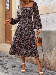 Breezaya Floral Print Lantern Sleeve Cross Back Tie Dress