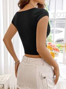 SHEIN EZwear Short Sleeve Knitted Slim Fit T-Shirt With V-Neck For Summer, Going Out Top - Black - View 2