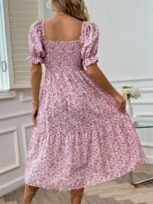 SHEIN Maternity Floral Print Split Hem Bubble Sleeve Dress - Pink - View 2