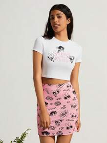 SHEIN Earth Day Fanverse Picks Cartoon And Letter Graphic Crop Tee & Bodycon Pink Skirt Set - White - View 7