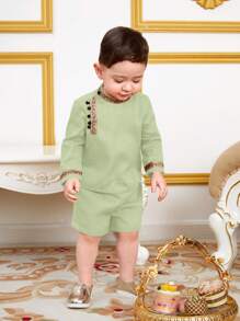 SHEIN Baby Boy Patchwork Weave Band Collar Shirt And Shorts Set - Green - View 6