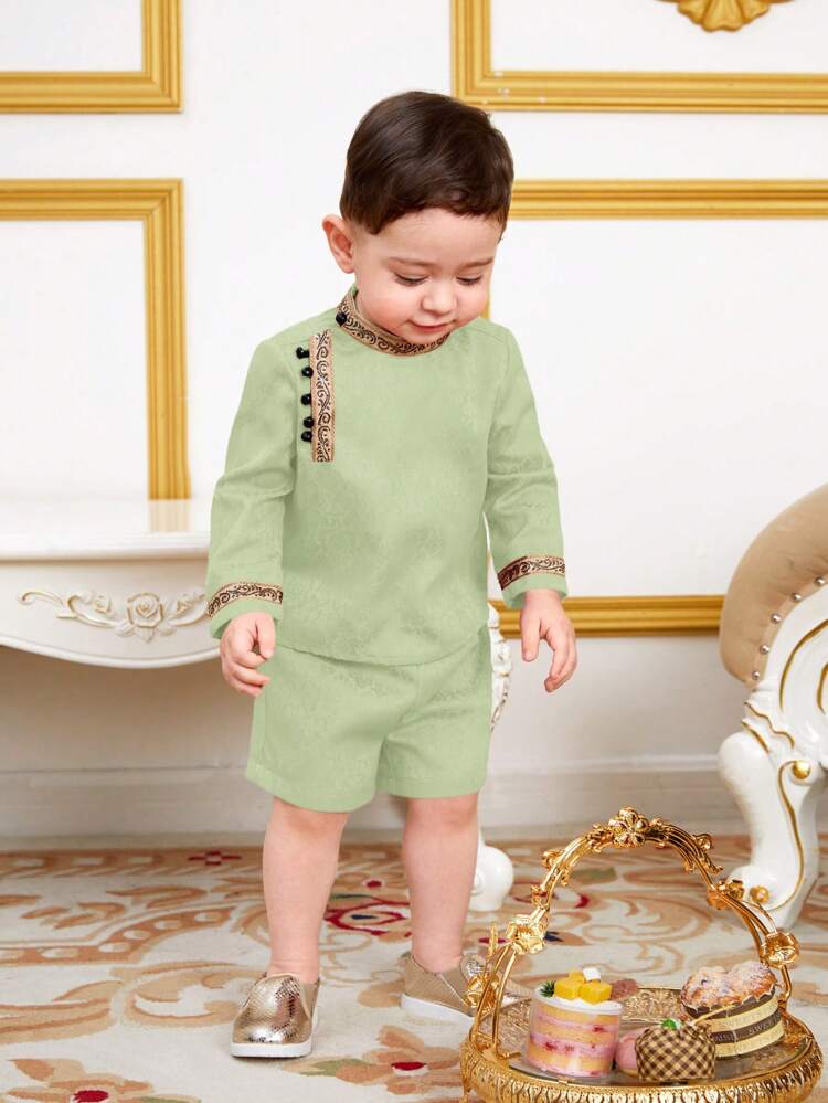 Baby Boy Patchwork Weave Band Collar Shirt And Shorts Set