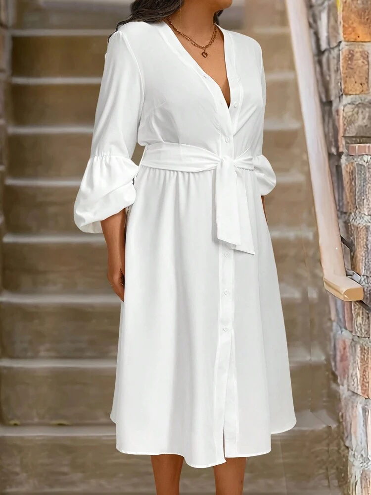 Plus Size Button Down Lantern Sleeve Dress Fall Cloth For Women
