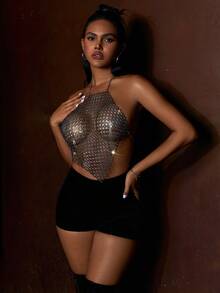 狂歡節搖滾晚會閃閃發光的鑽石裝飾無背心式連帽上衣,短款背心上衣 - 黑色 - 查看 5