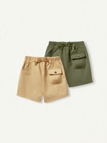 Cozy Pixies Conjunto De 2 Piezas De Shorts Deportivos Informales Para Niños Con Cintura Elástica Decorativa Tejida Con Bolsillos Y Cinturón. - Verde militar - Ver 3