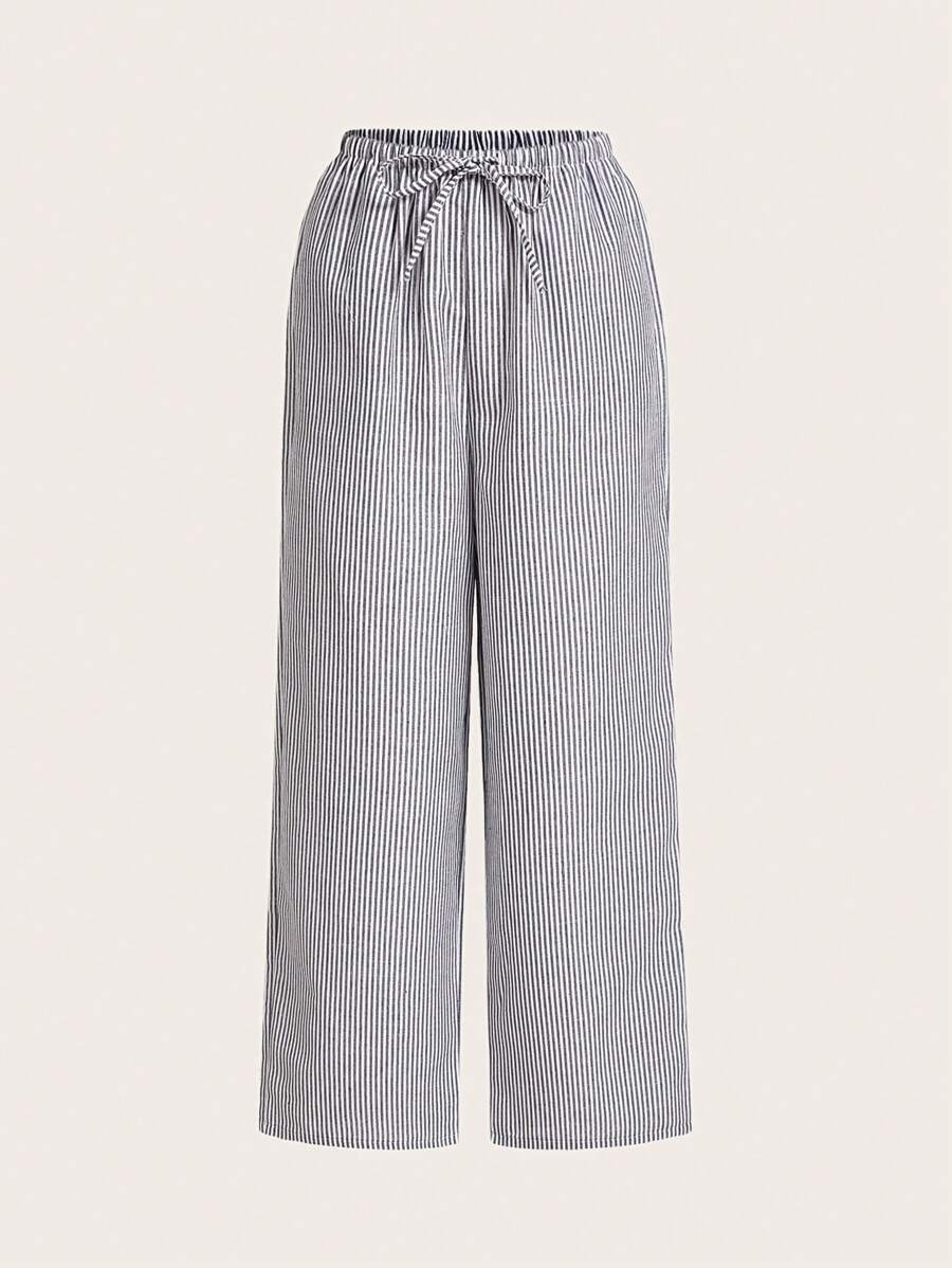 SHEIN EZwear 女性腰帶條紋寬腿褲 - 灰色 - 查看 1