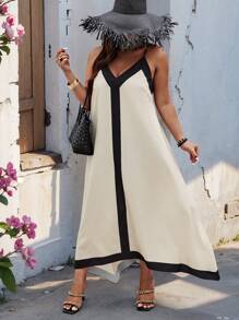 SHEIN Clasi Plus Size Women's Colorblock Spaghetti Strap Casual Dress Maxi Women Outfit - Apricot - View 3