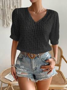 SHEIN VCAY 女士v領短袖休閒襯衫 - 黑色 - 查看 6