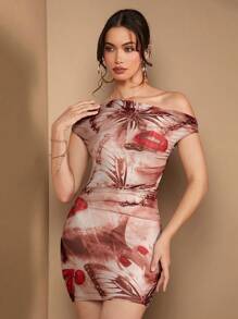 SHEIN BAE Vestido asimétrico ajustado con cuello asimétrico sexy y malla impresa para el festival de música