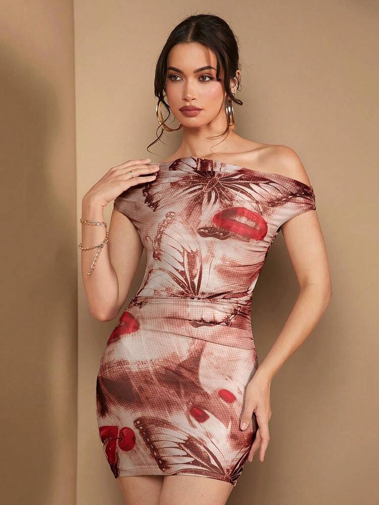 Music Festival Printed Mesh Sexy Asymmetrical Neck Asymmetrical Bodycon Dress