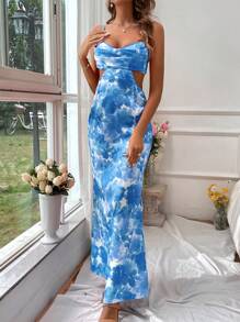 SHEIN VCAY Women Dresses Backless Criss Cross Tie Back Tie Dye All Over Print Seksi Boho - Biru - View 7