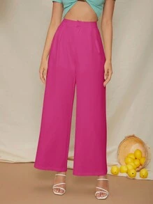 SHEIN VCAY Ladies' Stylish Solid Color Straight Pants - Hot Pink - View 1
