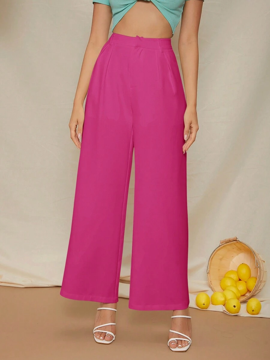 SHEIN VCAY Ladies' Stylish Solid Color Straight Pants - Hot Pink - View 1