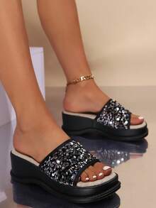 2024 年夏季新品女士闪光亚麻凉鞋，防滑厚底增高沙滩凉鞋，高坡跟，适合散步和度假（黑色） - 黑色 - 查看 3