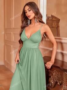 Faeriesty Solid Plunging Neck Sleeveless Cami Dress Elegant Bridesmaid Dress
