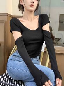 DAZY Solid Color Slim Fit Hollow Out Sweater With Round Neck - Black - View 7