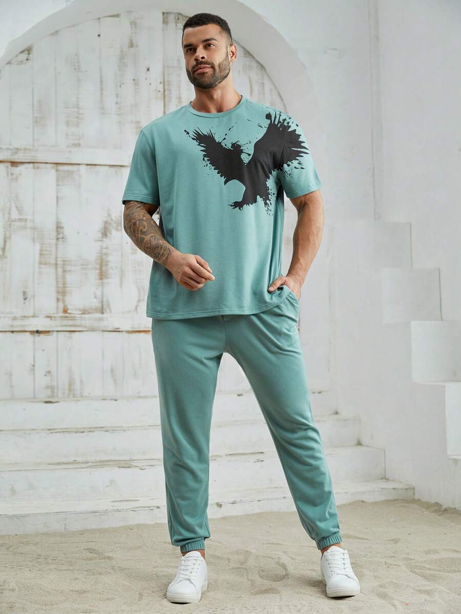 Manfinity Homme Große Größen 2-teiliges Set aus gestricktem, lässigem Kurzarm-T-Shirt und Jogginghose