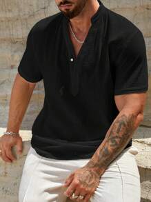 HIMLAND Men's Solid Color Half Button Loose Fit Shirt, Old Money, Couple Things