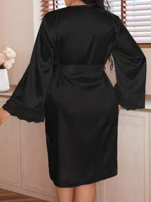 Conjunto de bata de mujer de talla grande con detalles de encaje elegantes y acogedores, para otoño e invierno - Negro - Ver 2