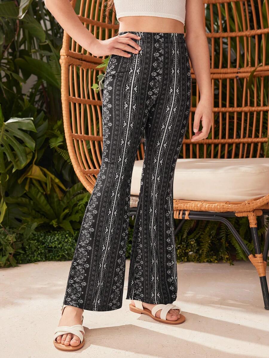 SHEIN 少女針織花卉印花休閒假日喇叭褲 - 灰色 - 查看 1