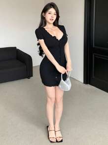 DAZY Women's V-Neck Button Front Bodycon Short Sleeve Dress Summer Sundress,Mini Dress