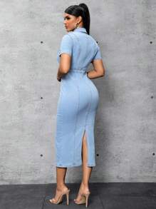 SHEIN SXY 女性淺藍色洗水牛仔襯衫連衣裙 - 淺色水洗藍 - 查看 7