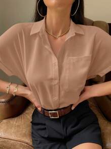 Serisse Minimalist & Fashionable Fruit Cherry Printed Blouse With Pocket And Single Breasted For Work/Leisure Commute Minimalist Office Old Money Simple,Short Sleeve Tops Brown Summer Casual