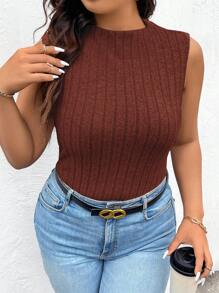 SHEIN Frenchy 加大尺碼女士聚攏紋織物修身綁褶細肩帶上衣，附肋骨細節 - 鏽棕色 - 查看 6