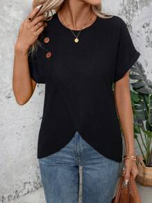 SHEIN LUNE 圓領不對稱下擺t恤,有扣飾裝飾 - 黑色 - 查看 1