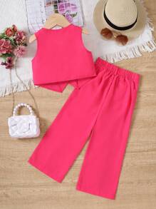 Young Girl Solid Color Single-Breasted Vest And Wide-Leg Jeans Two-Piece Set