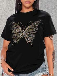 Maweii 大尺碼蝴蝶印花t恤,休閒圓領短袖總扣假鑽夏季t恤,微彈性,可機洗,適合全年四季,女裝 - 黑色 - 查看 1