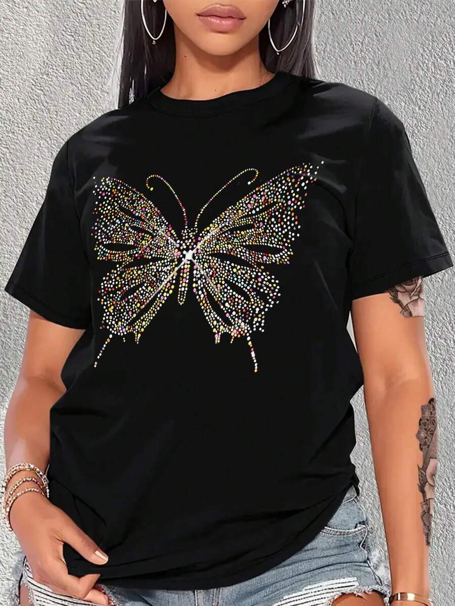 Maweii 大尺碼蝴蝶印花t恤,休閒圓領短袖總扣假鑽夏季t恤,微彈性,可機洗,適合全年四季,女裝 - 黑色 - 查看 1